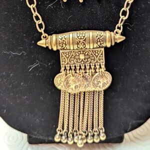 Vintage 1970s NECKLACE Etruscan Revival Coin Fringe Statement Doble Strand Egypt